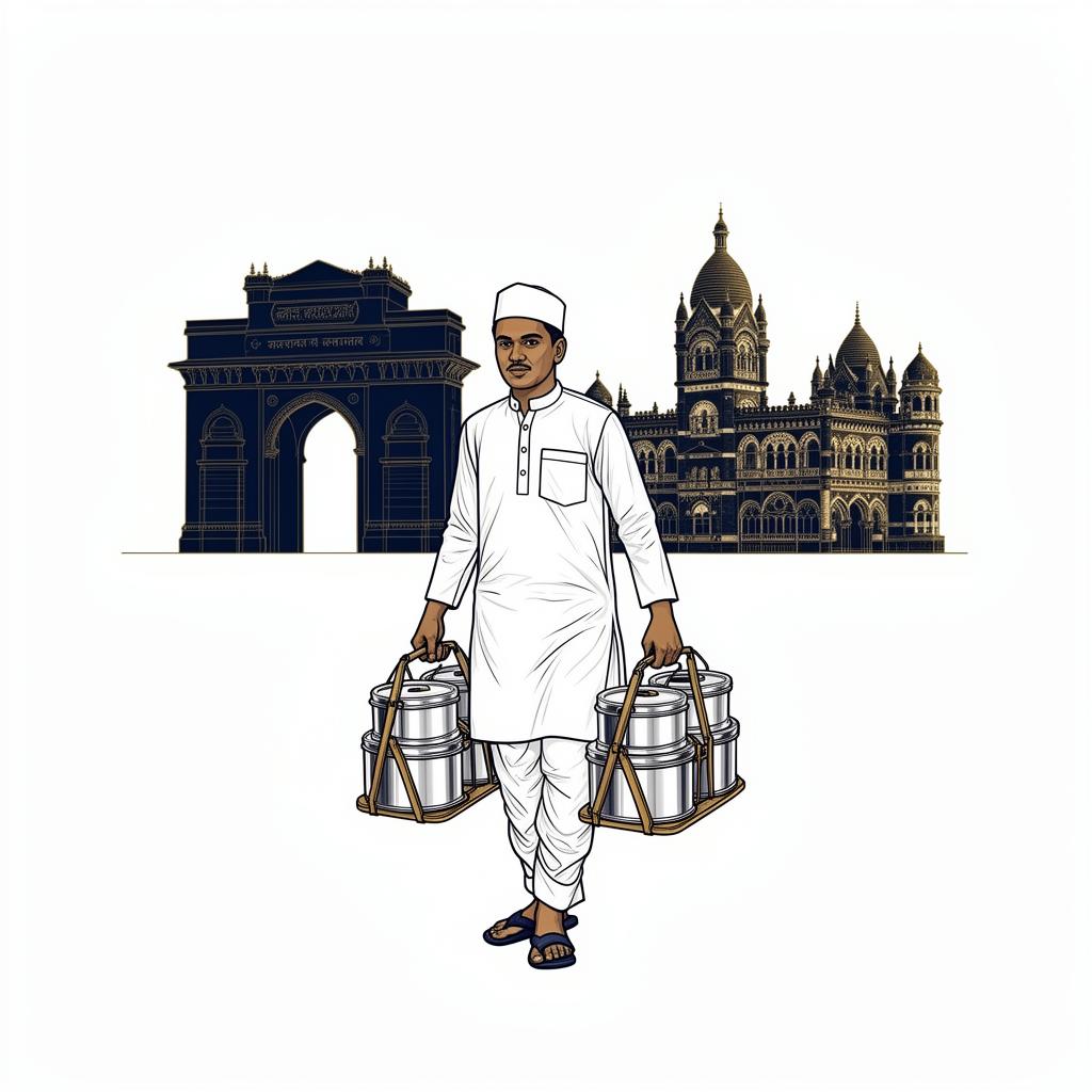 Mumbai Dabbawala carrying tiffins with Mumbai heritage architecture